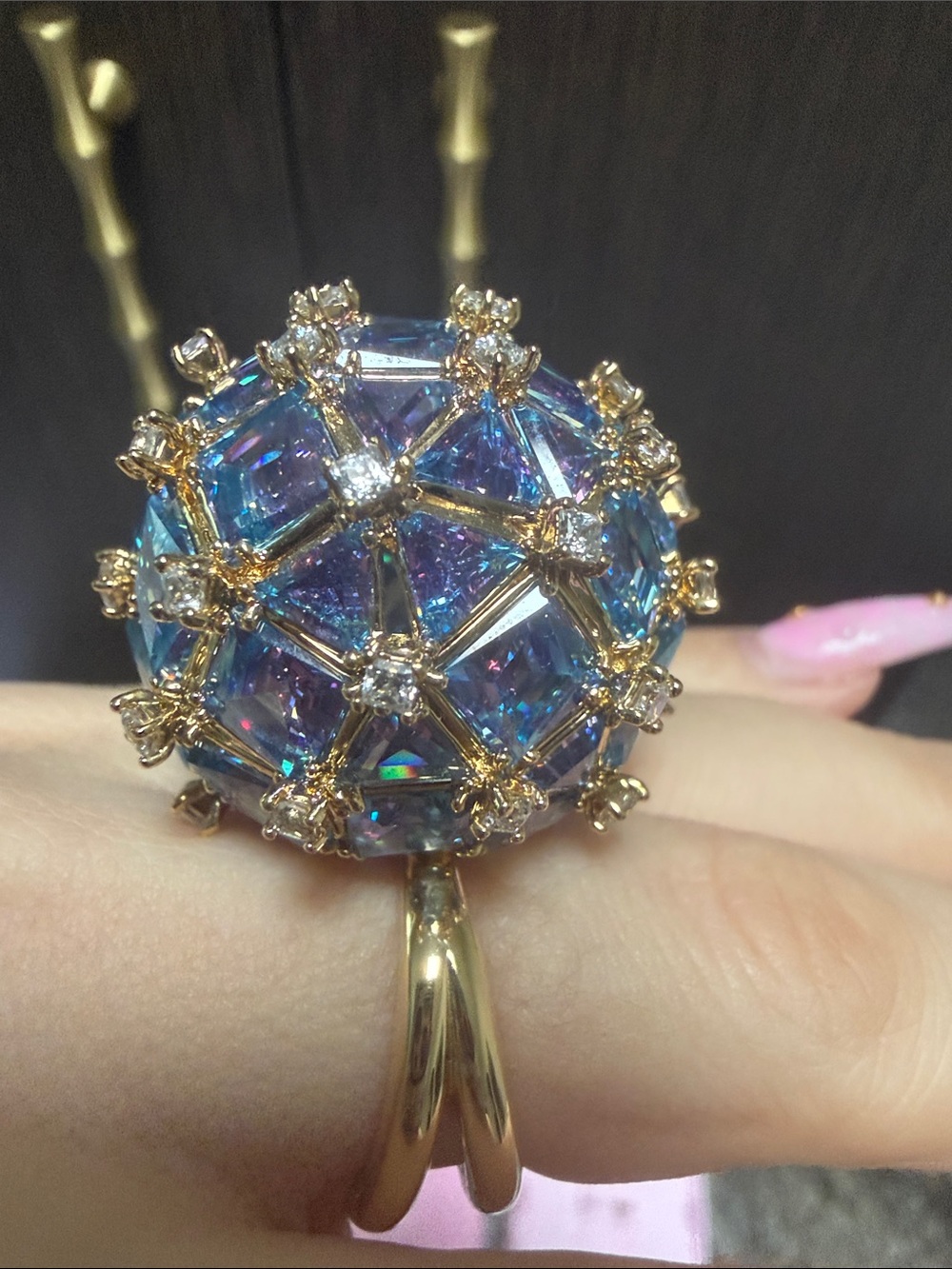 Swarovski Gold Ring with Iridescent Blue-Purple Crystal Dome - Picture 8 of 17